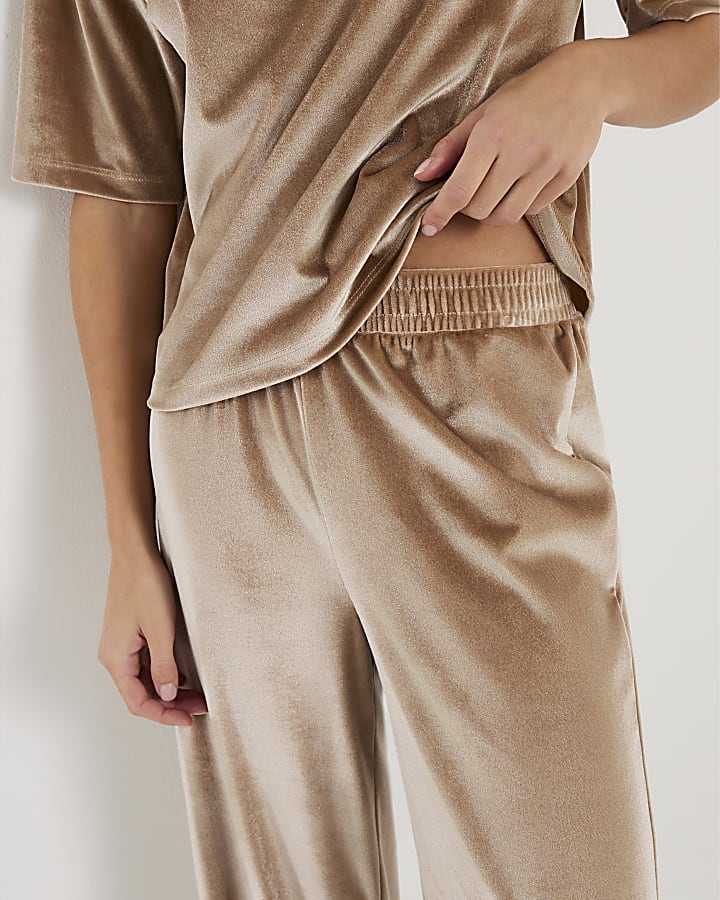 Beige Velvet Wide Leg Joggers