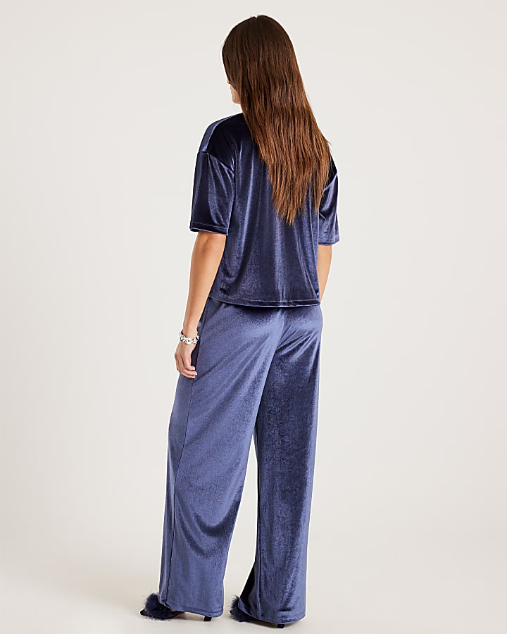 Navy Velvet Wide Leg Joggers