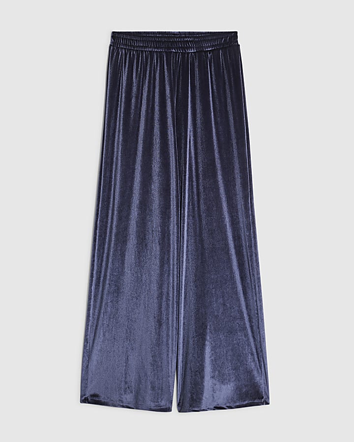 Navy Velvet Wide Leg Joggers