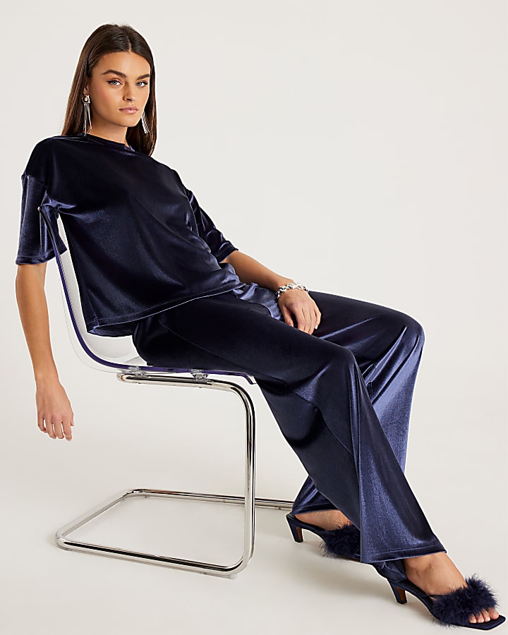 Navy Velvet Wide Leg Joggers