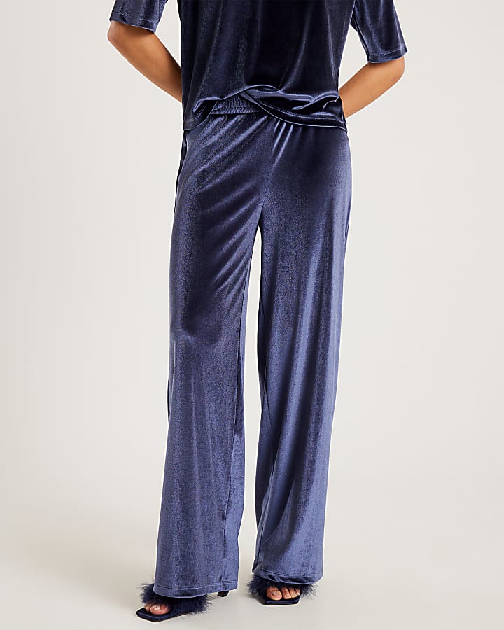 Navy Velvet Wide Leg Joggers