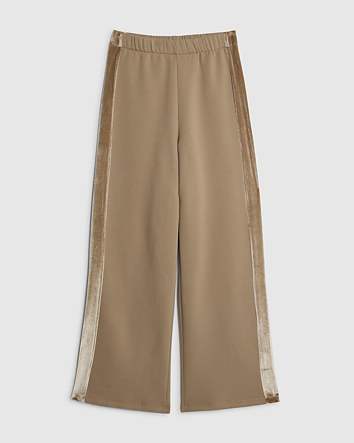 Beige Velvet Trim Wide Leg Joggers