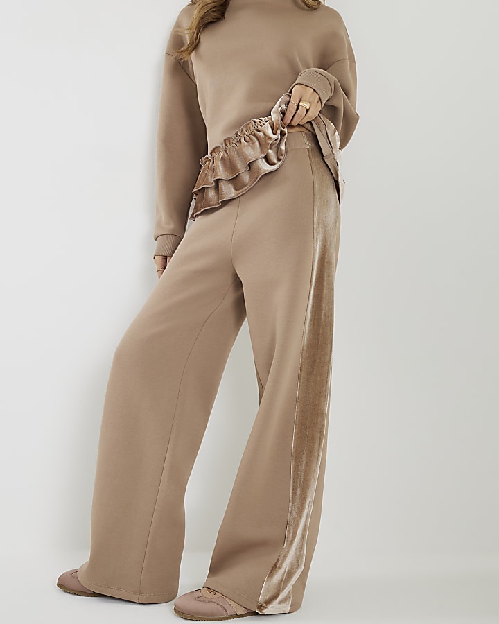 Beige Velvet Trim Wide Leg Joggers