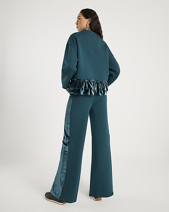 Green Velvet Trim Wide Leg Joggers