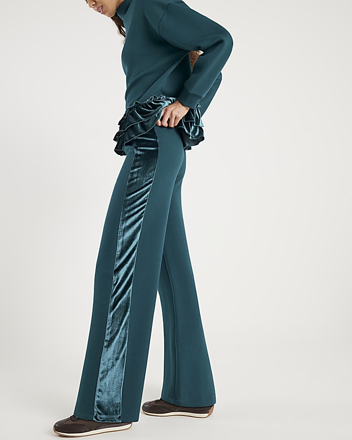 Green Velvet Trim Wide Leg Joggers