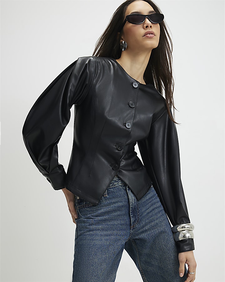 Black Faux Leather Collarless Fitted Shirt