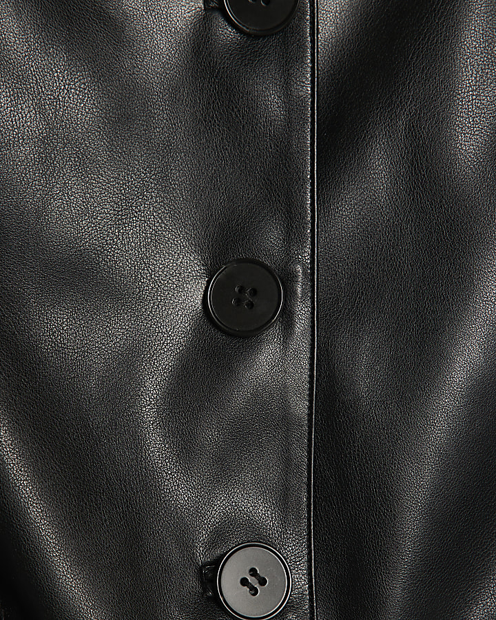 Black Faux Leather Collarless Fitted Shirt