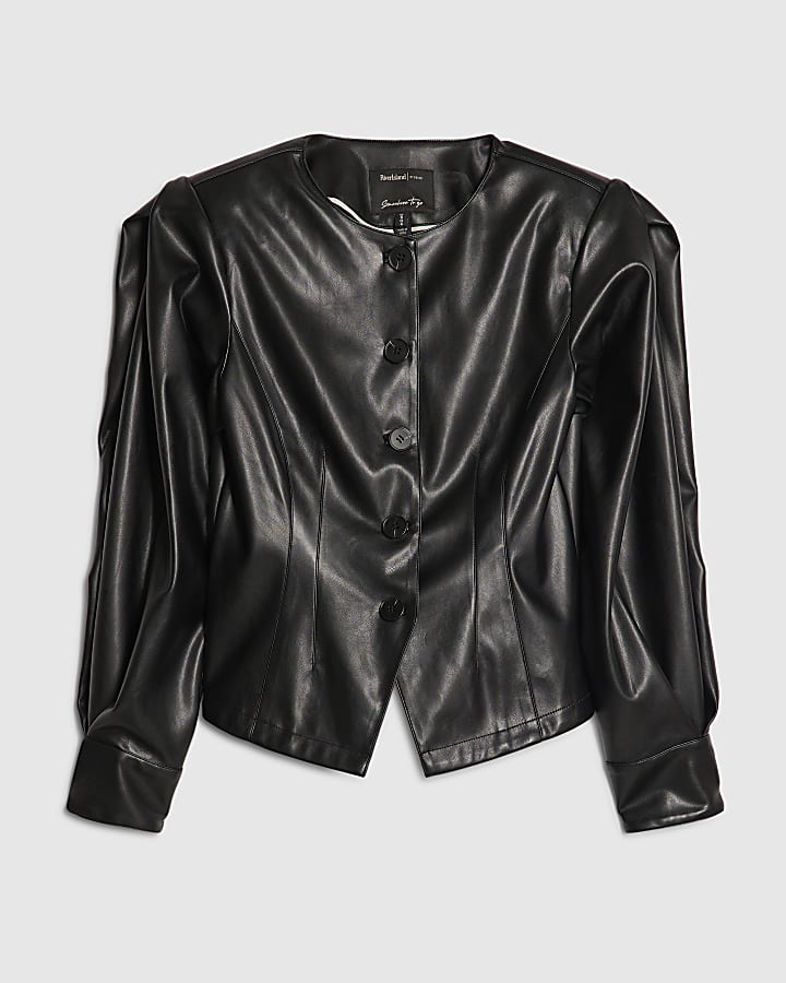 Black Faux Leather Collarless Fitted Shirt