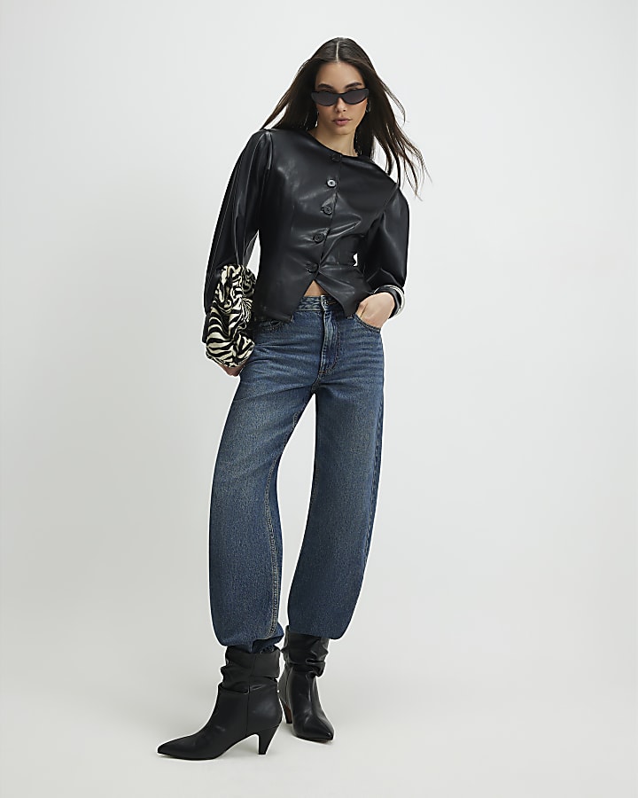 Black Faux Leather Collarless Fitted Shirt