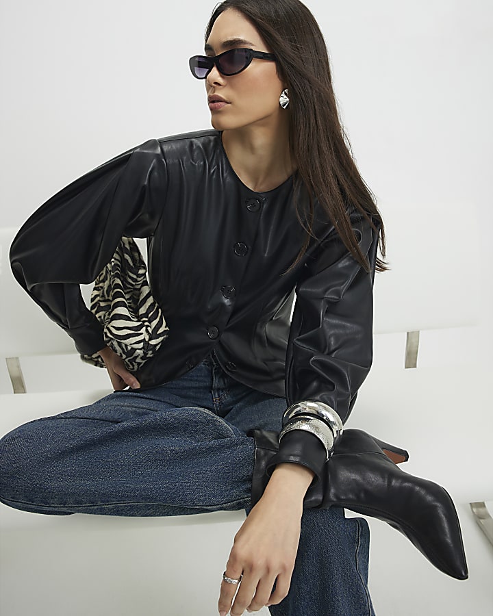 Black Faux Leather Collarless Fitted Shirt