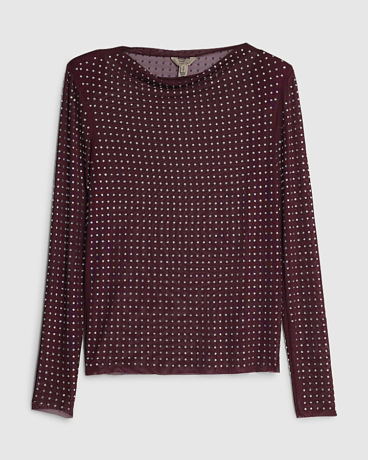 Red Long Sleeve Diamante Embellished Top
