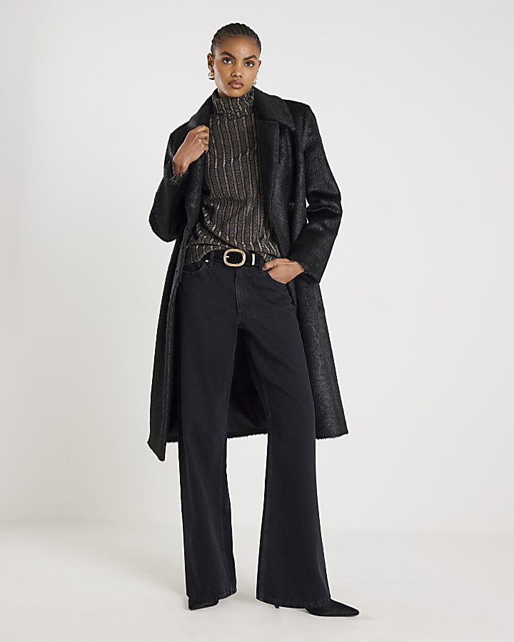 Black Long Sleeve Ribbed Roll Neck Top