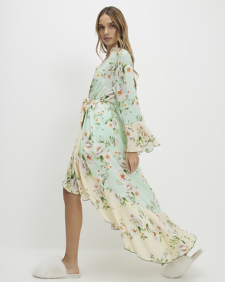 Green Floral Print Waterfall Hem Robe