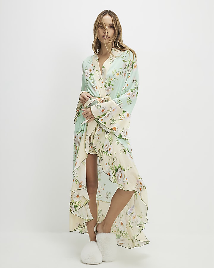 Green Floral Print Waterfall Hem Robe