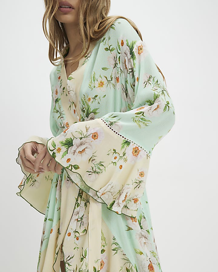 Green Floral Print Waterfall Hem Robe
