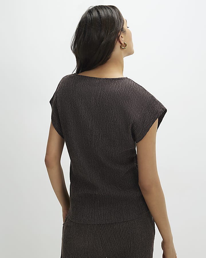 Brown Short Sleeve Textured Twist Front Top