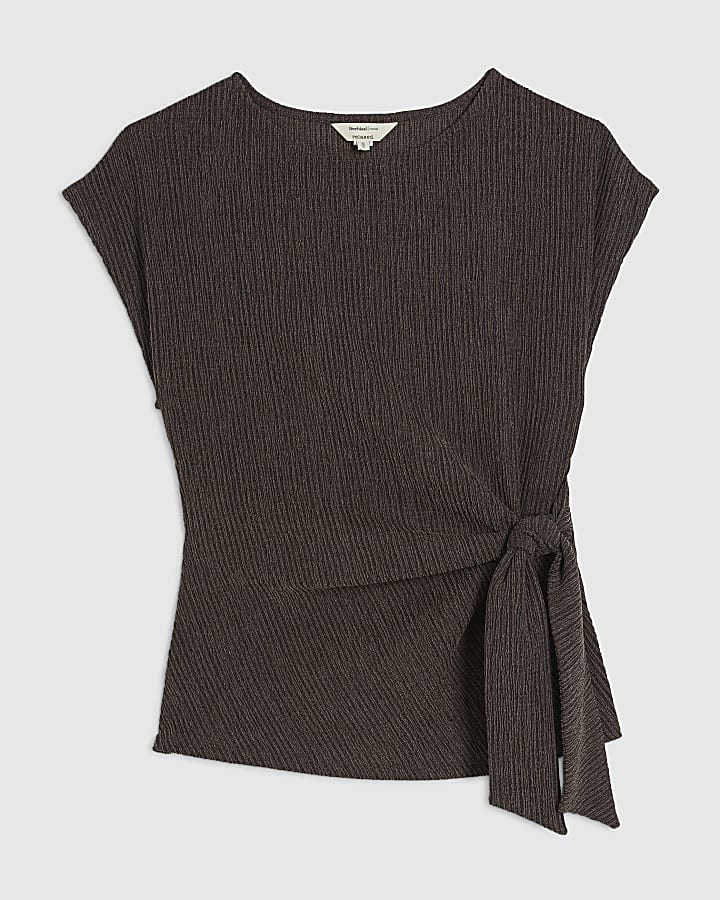 Brown Short Sleeve Textured Twist Front Top