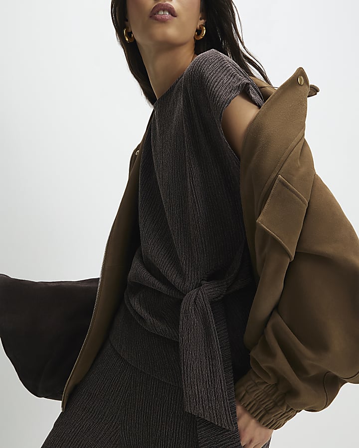 Brown Short Sleeve Textured Twist Front Top