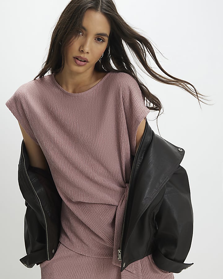Pink Short Sleeve Textured Knot Front Top