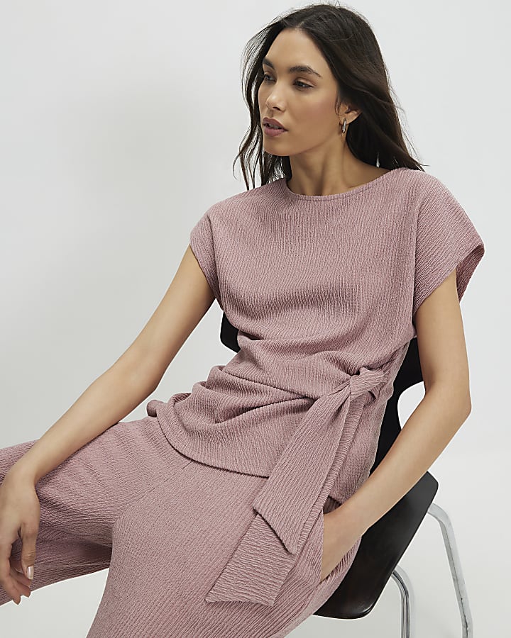 Pink Short Sleeve Textured Knot Front Top