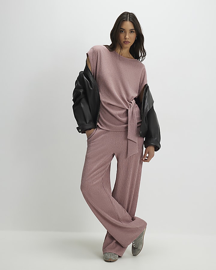 Pink Short Sleeve Textured Knot Front Top