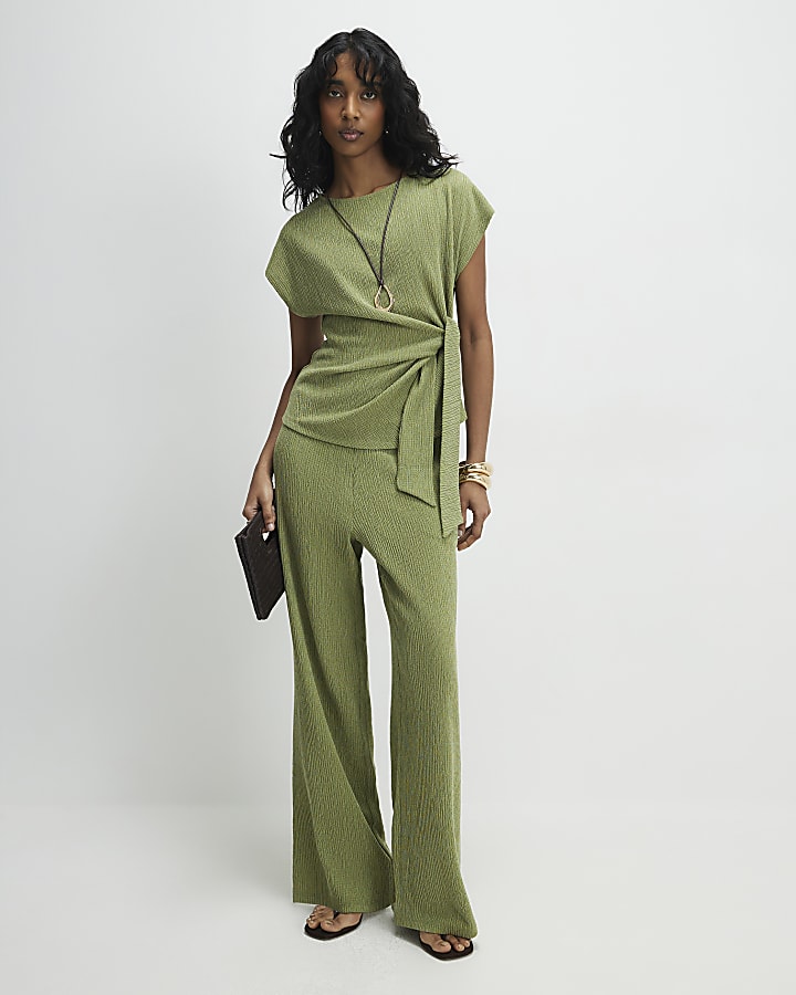 Green Short Sleeve Textured Twist Front Top