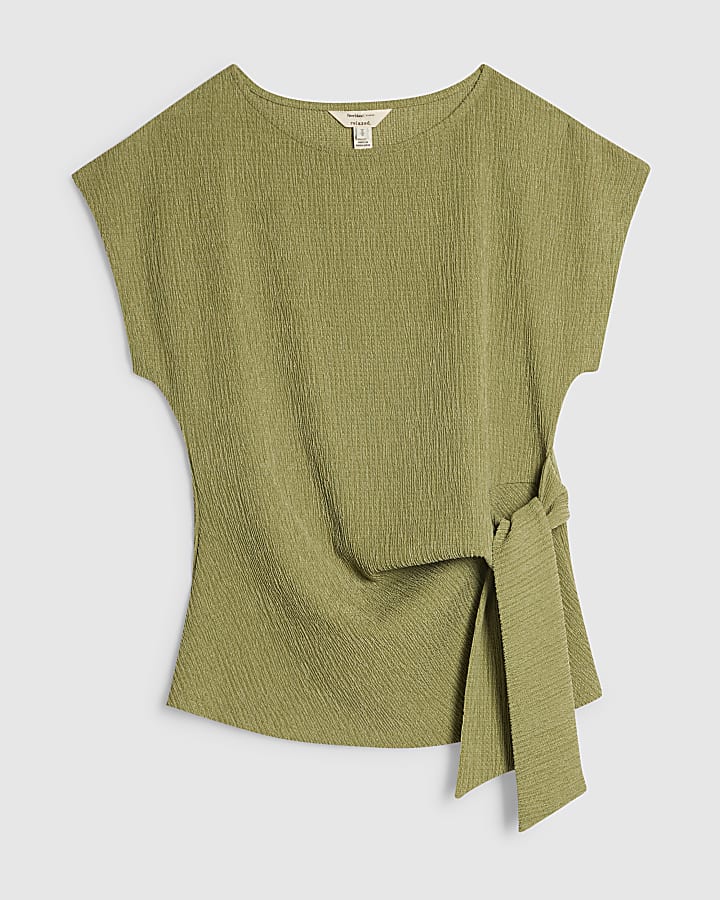 Green Short Sleeve Textured Twist Front Top