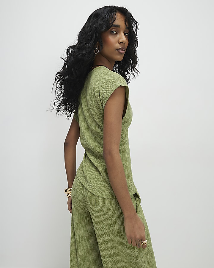 Green Short Sleeve Textured Twist Front Top