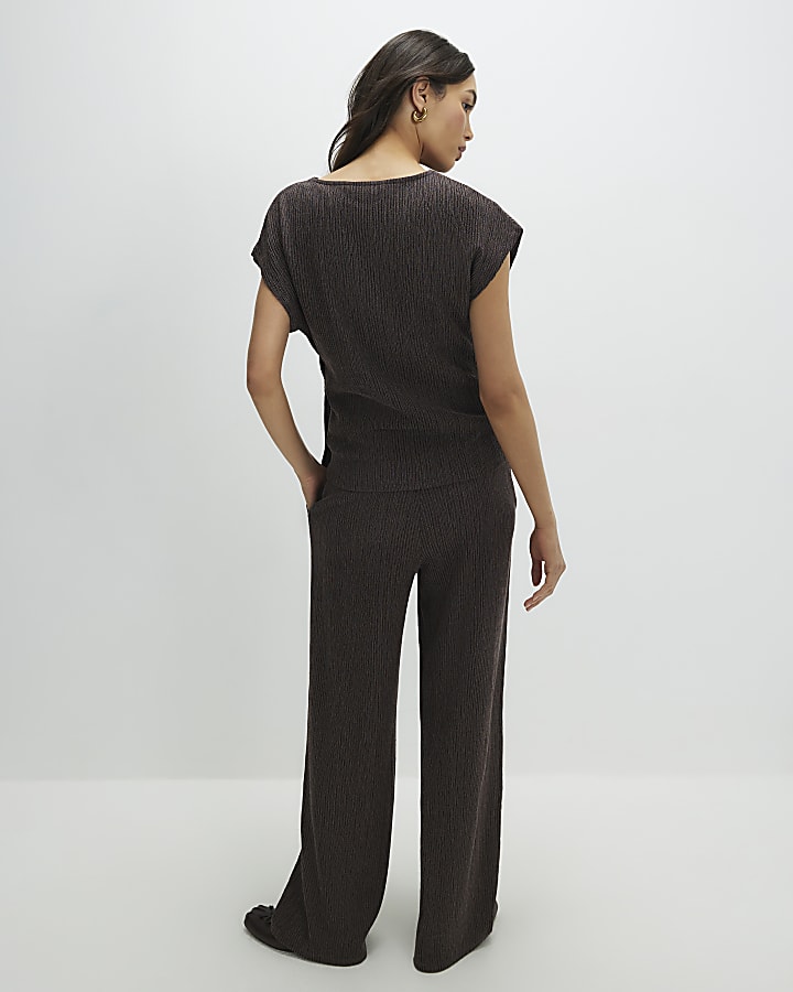 Brown Textured Wide Leg Trousers