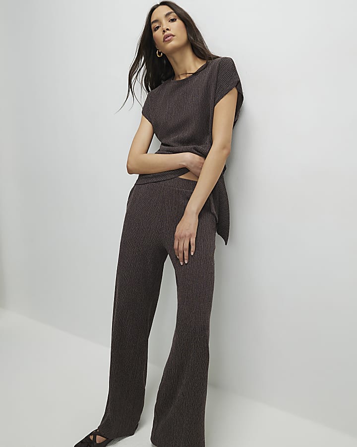 Brown Textured Wide Leg Trousers
