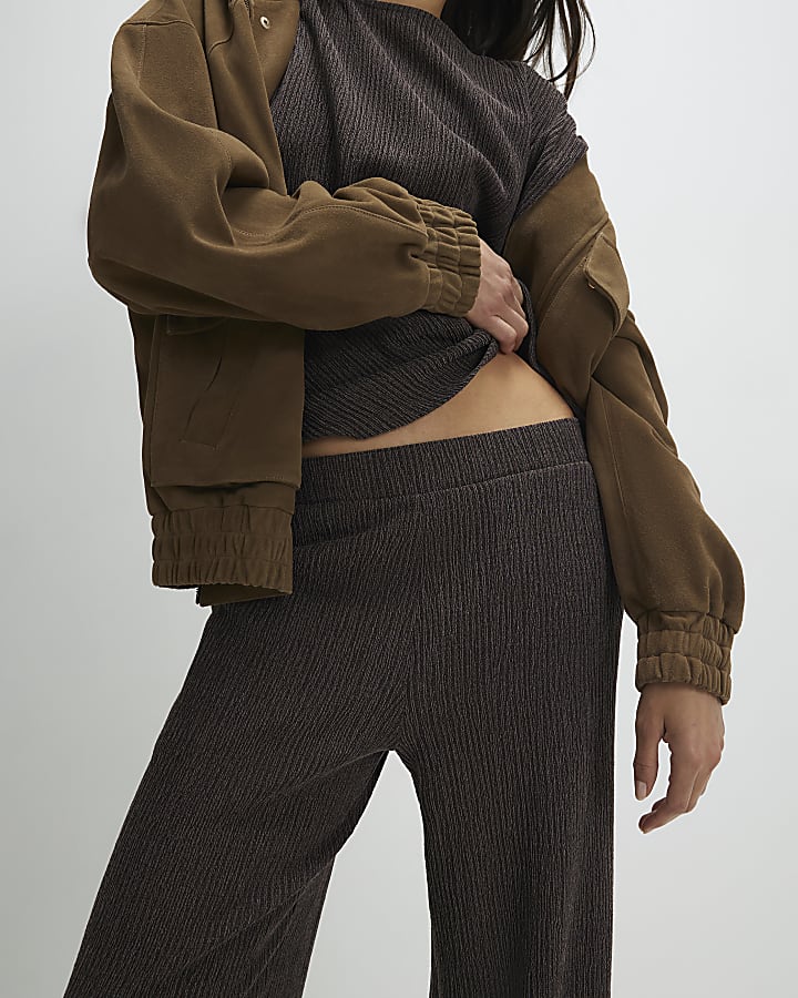 Brown Textured Wide Leg Trousers