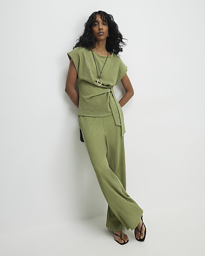Green Textured Wide Leg Trousers
