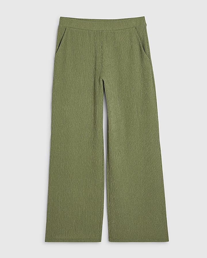 Green Textured Wide Leg Trousers