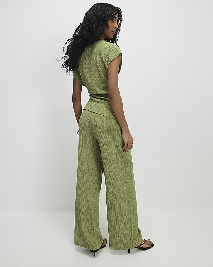 Green Textured Wide Leg Trousers