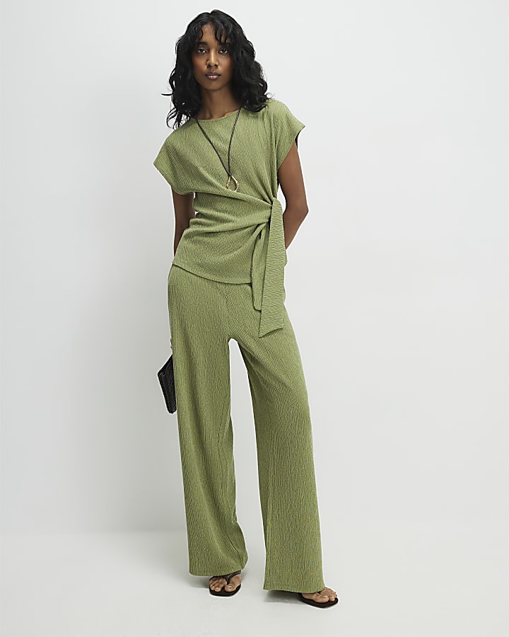 Green Textured Wide Leg Trousers