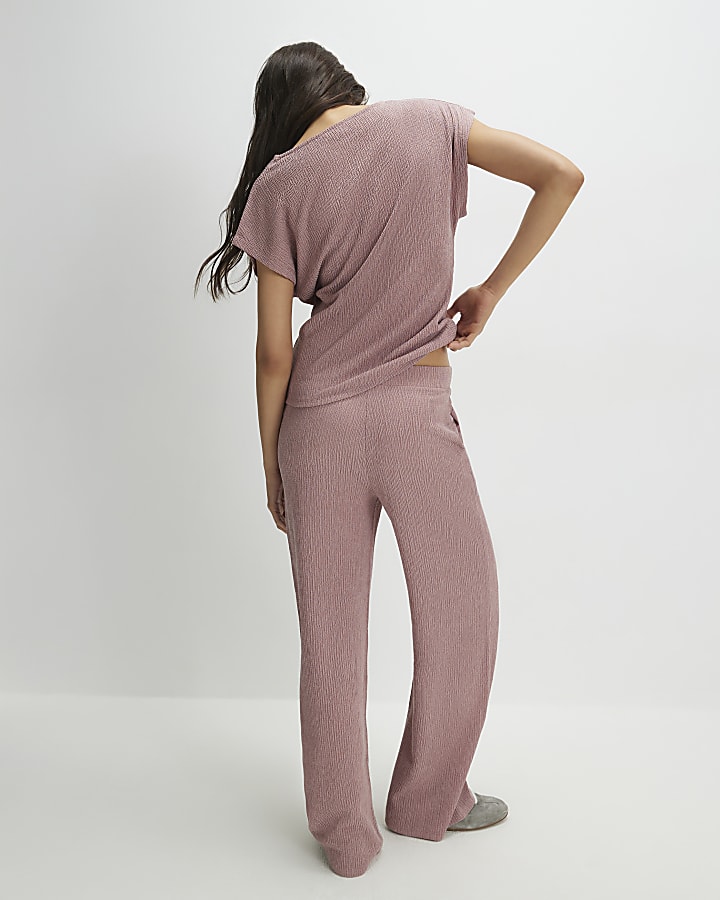 Pink Textured Wide Leg Trousers