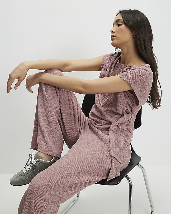 Pink Textured Wide Leg Trousers