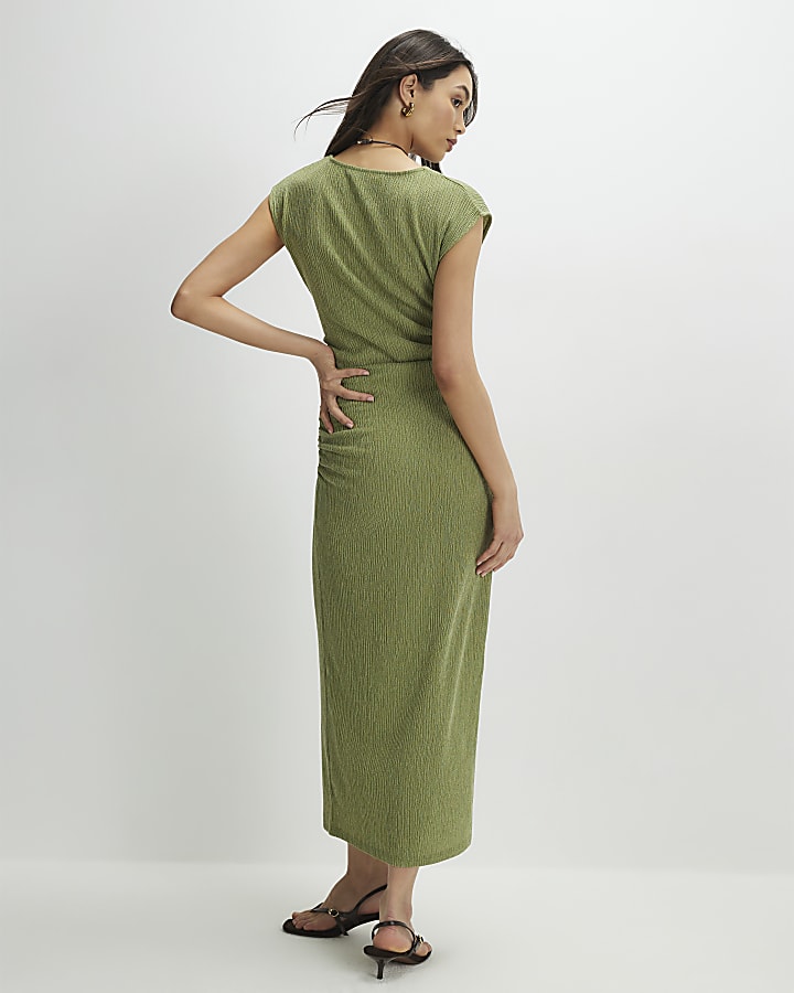 Green Short Sleeve Texture Ruched Midi Dress