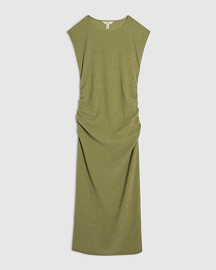 Green Short Sleeve Texture Ruched Midi Dress