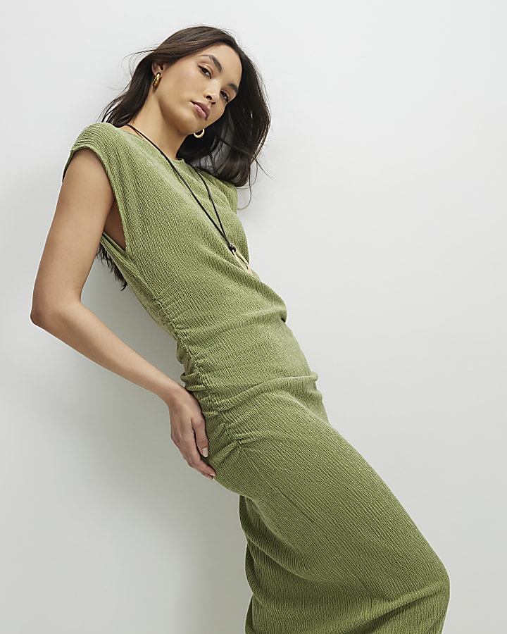 Green Short Sleeve Texture Ruched Midi Dress