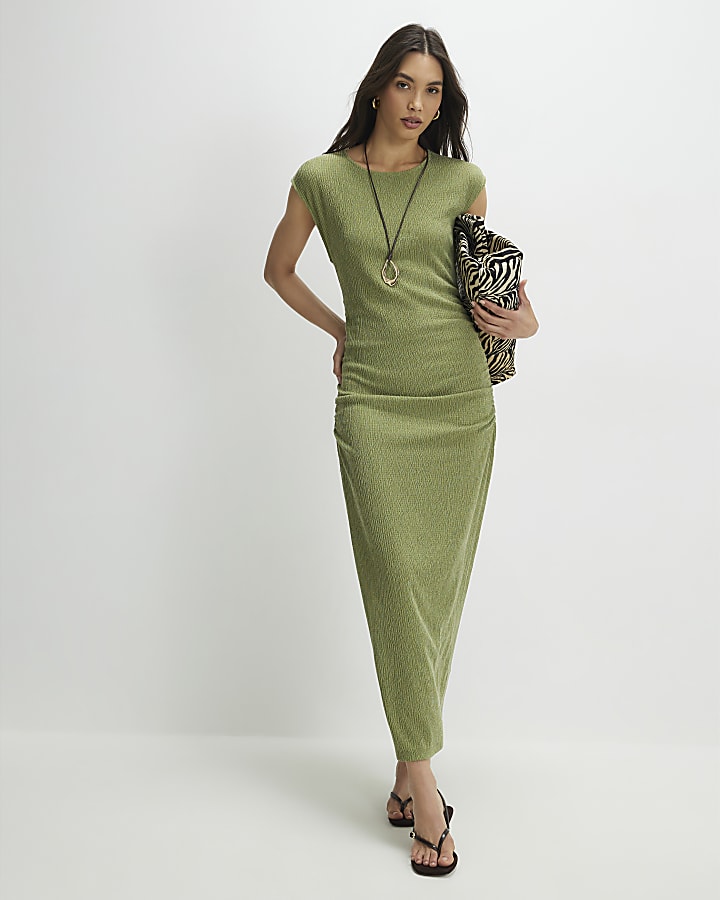 Green Short Sleeve Texture Ruched Midi Dress