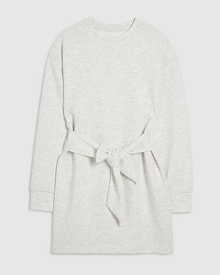 Grey Tie Front Mini Sweatshirt Dress