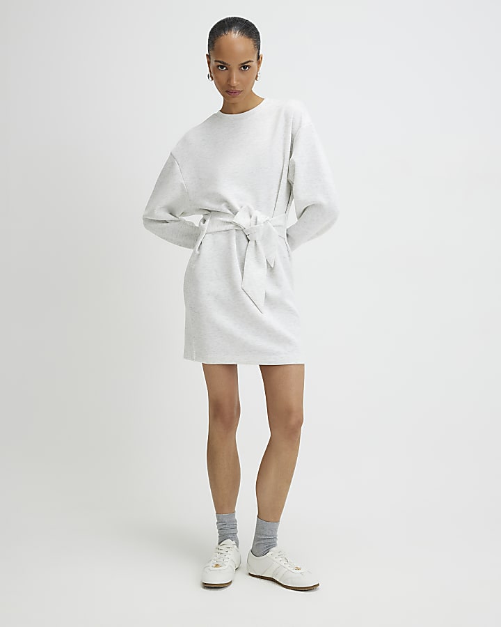 Grey Tie Front Mini Sweatshirt Dress