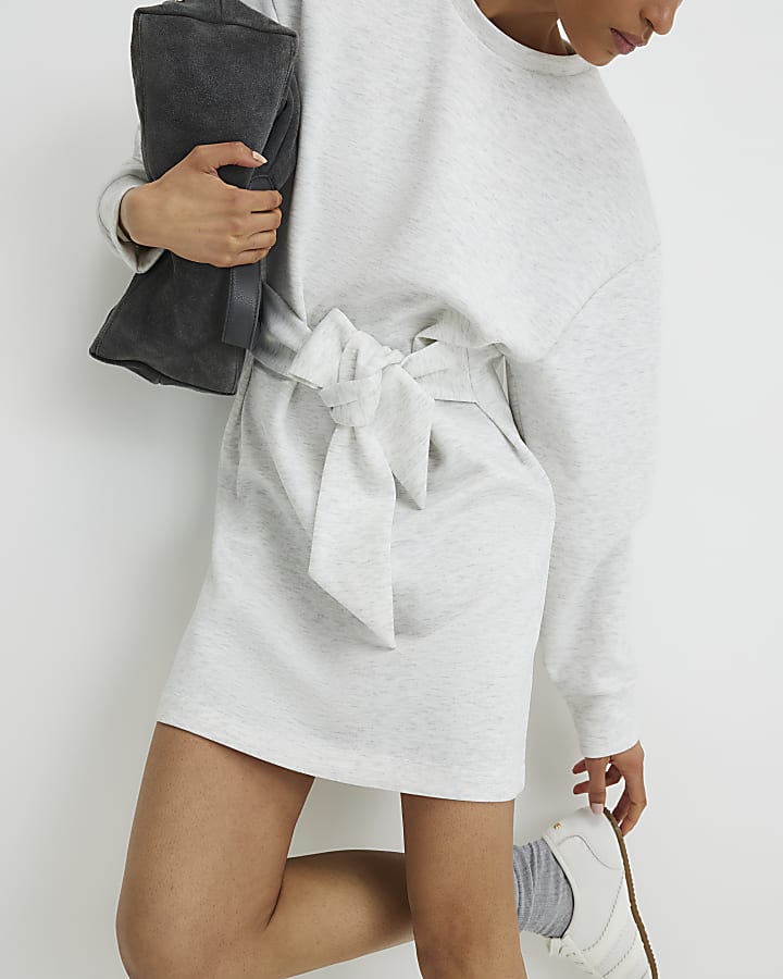 Grey Tie Front Mini Sweatshirt Dress