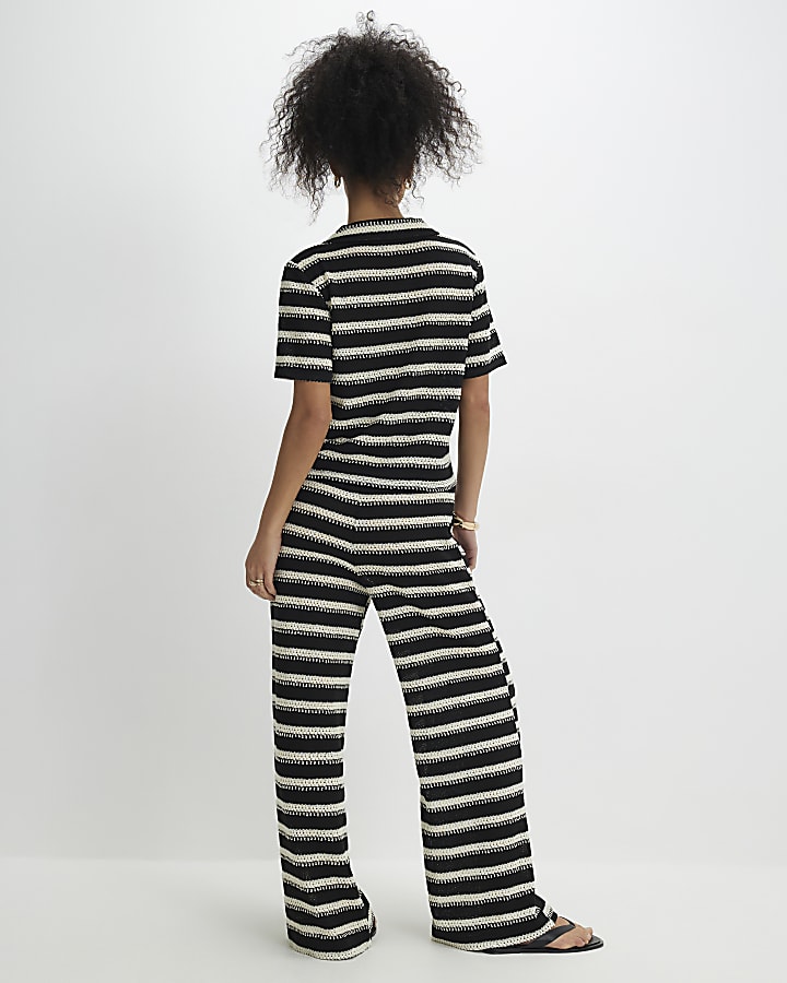 Black Striped Textured Wide Leg Trousers