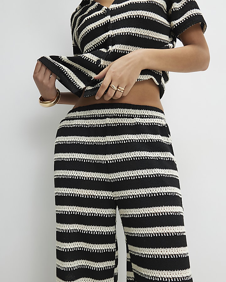 Black Striped Textured Wide Leg Trousers
