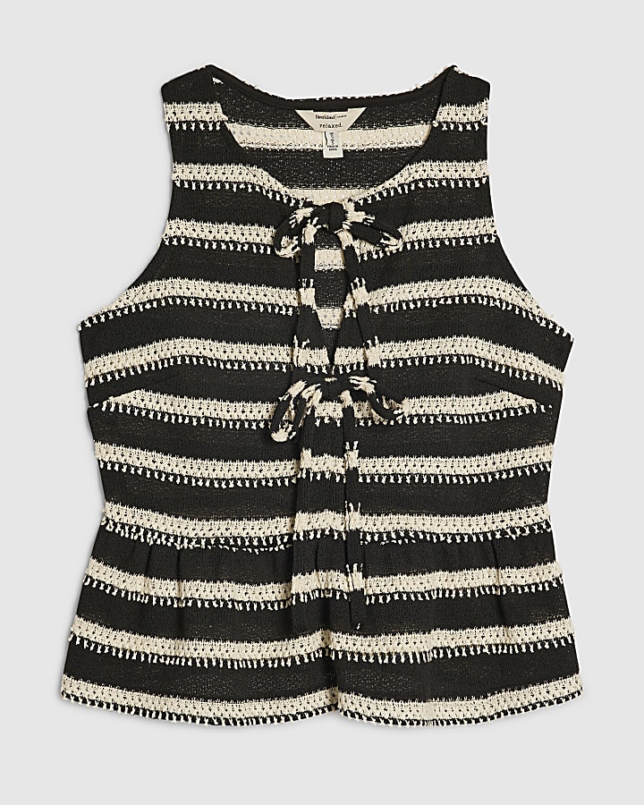 Black Sleeveless Striped Textured Waistcoat