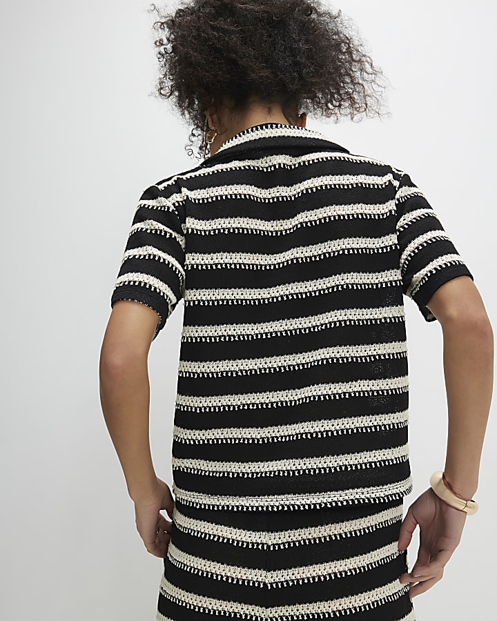 Black Short Sleeve Striped Textured Shirt