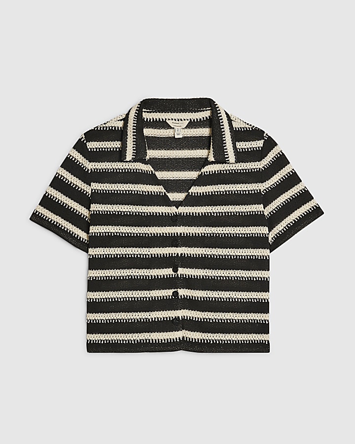 Black Short Sleeve Striped Textured Shirt