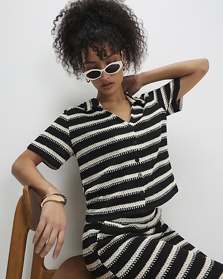 Black Short Sleeve Striped Textured Shirt